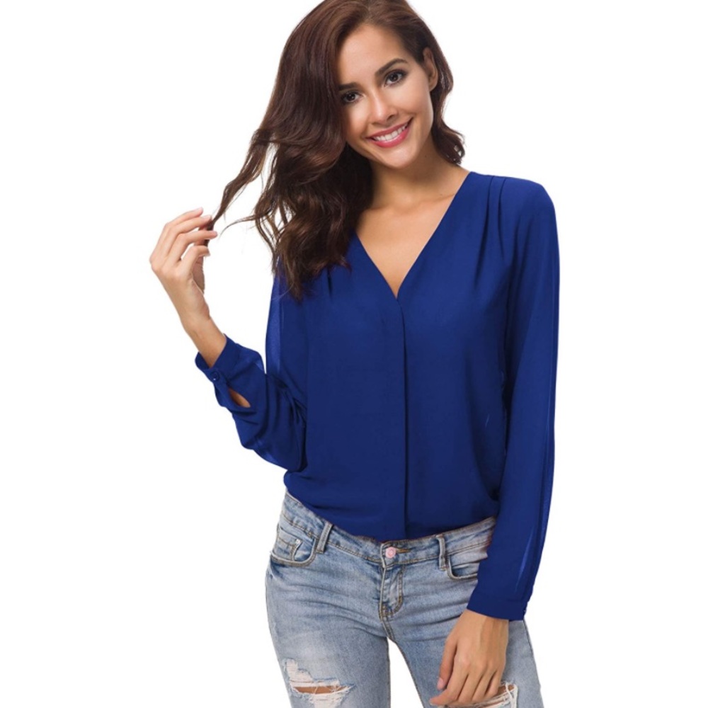 Urban Coco V Neck Button Down Blouse Royal Blue XL
